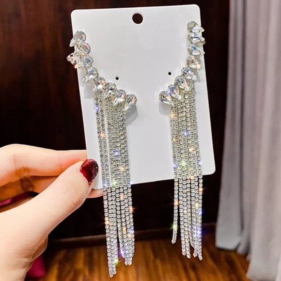 LONG TASSEL STERLING SILVER DIAMOND DROP EARRINGS - Picture 2 of 6
